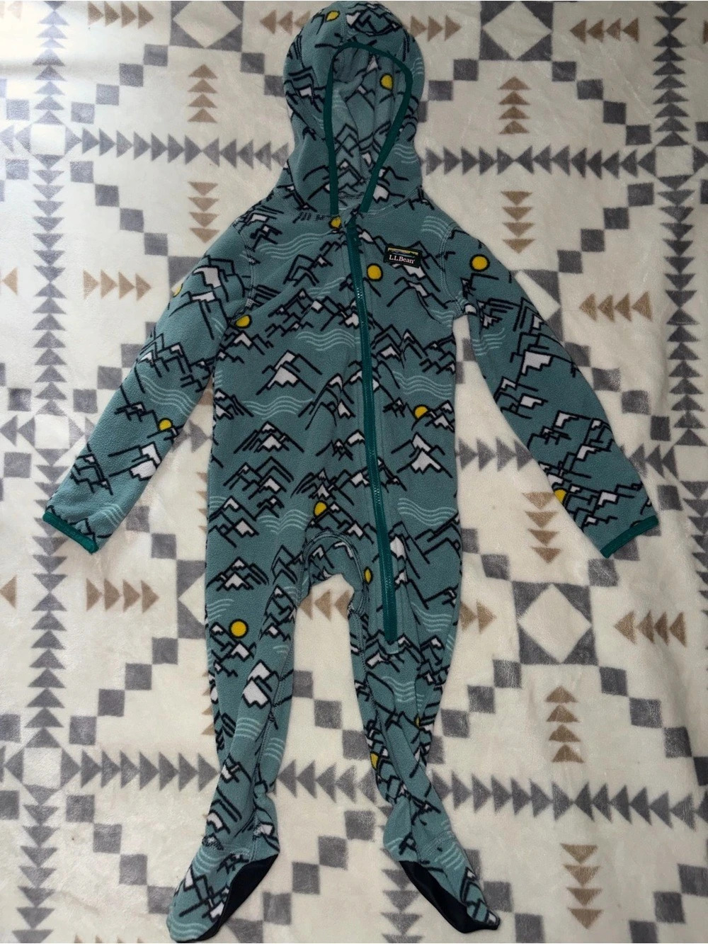 L.L.Bean Geometric Fleece Footie Blue & Green Baby 6-12M